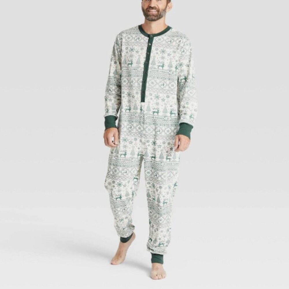 NWT Hearth & Hand Men's Good Tidings Union Suit Green Cream Size XL
